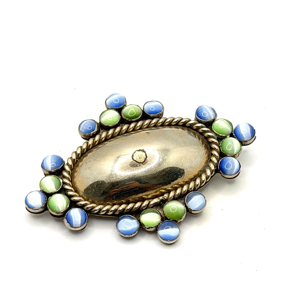 Vintage 90s Blue Green Cat Eye Glass Gold Tone Rope Twist Western Brooch Pin